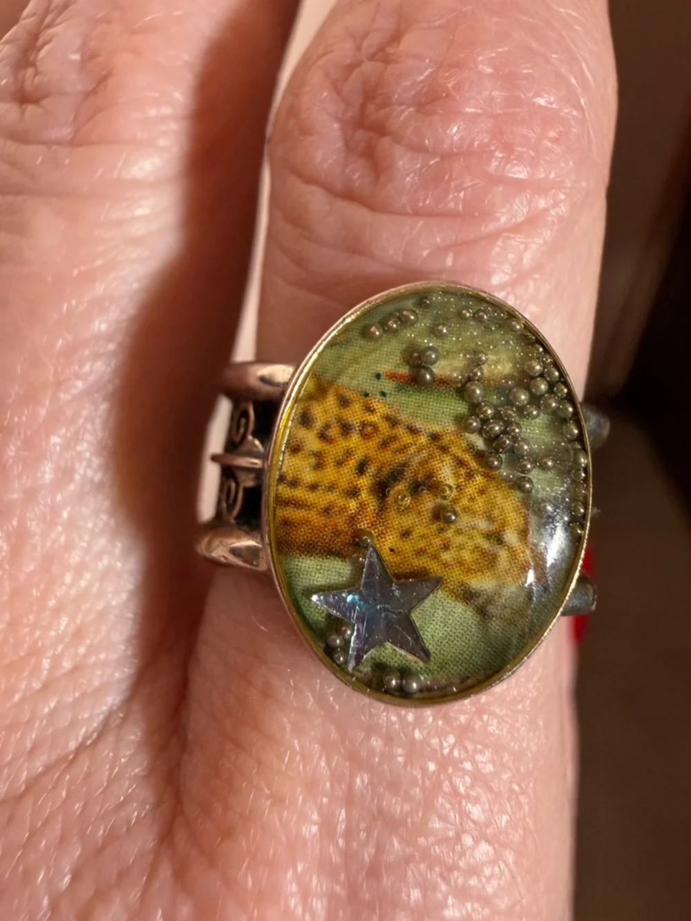 Vintage Sterling silver cheetah panther southwestern Boho Wide signet Ring 7 1/2